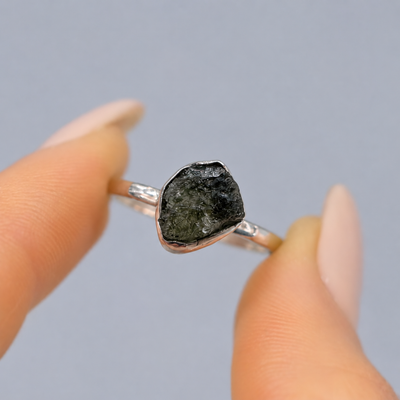 Rough Cut Green Moldavite Sterling Silver Ring | Size N