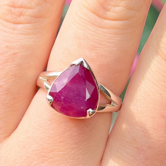Chunky Sterling Pear-Cut Ruby Ring - Size P ½