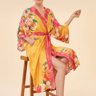 Mustard Yellow & Pink Impressionist Floral Long Kimono Gown | Powder Accessories