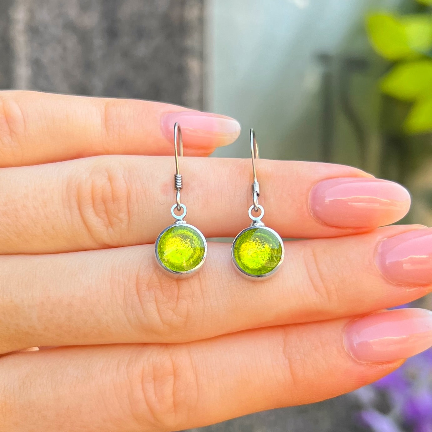 ‘Watch This Space’ Small Green Round Drop Earrings