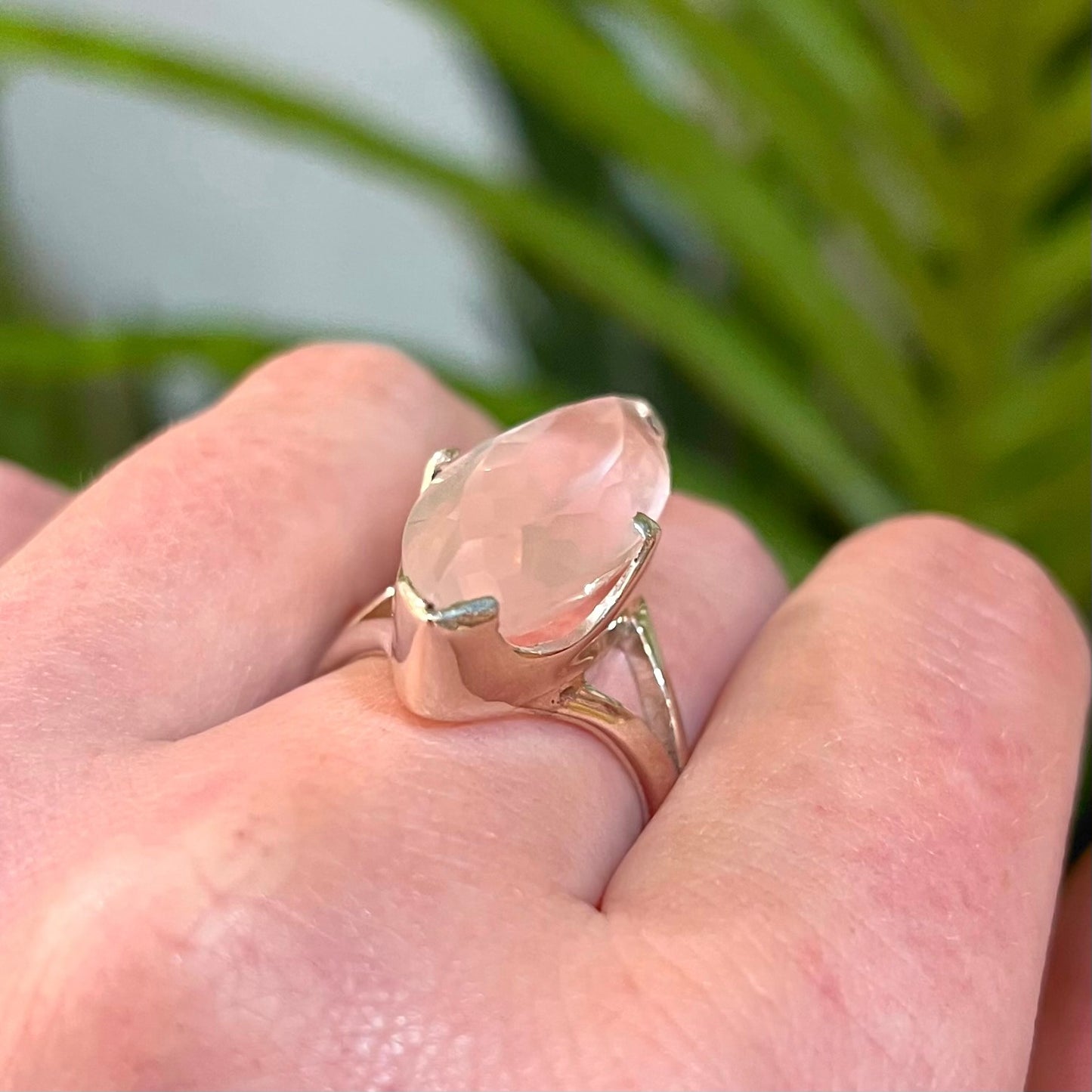 Pink Rose Quartz Sterling Silver Marquise Cut Ring - Size Q