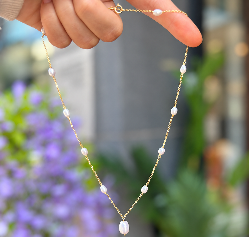 Pearl 9ct Gold Plated Sterling Silver Dainty Station Necklace