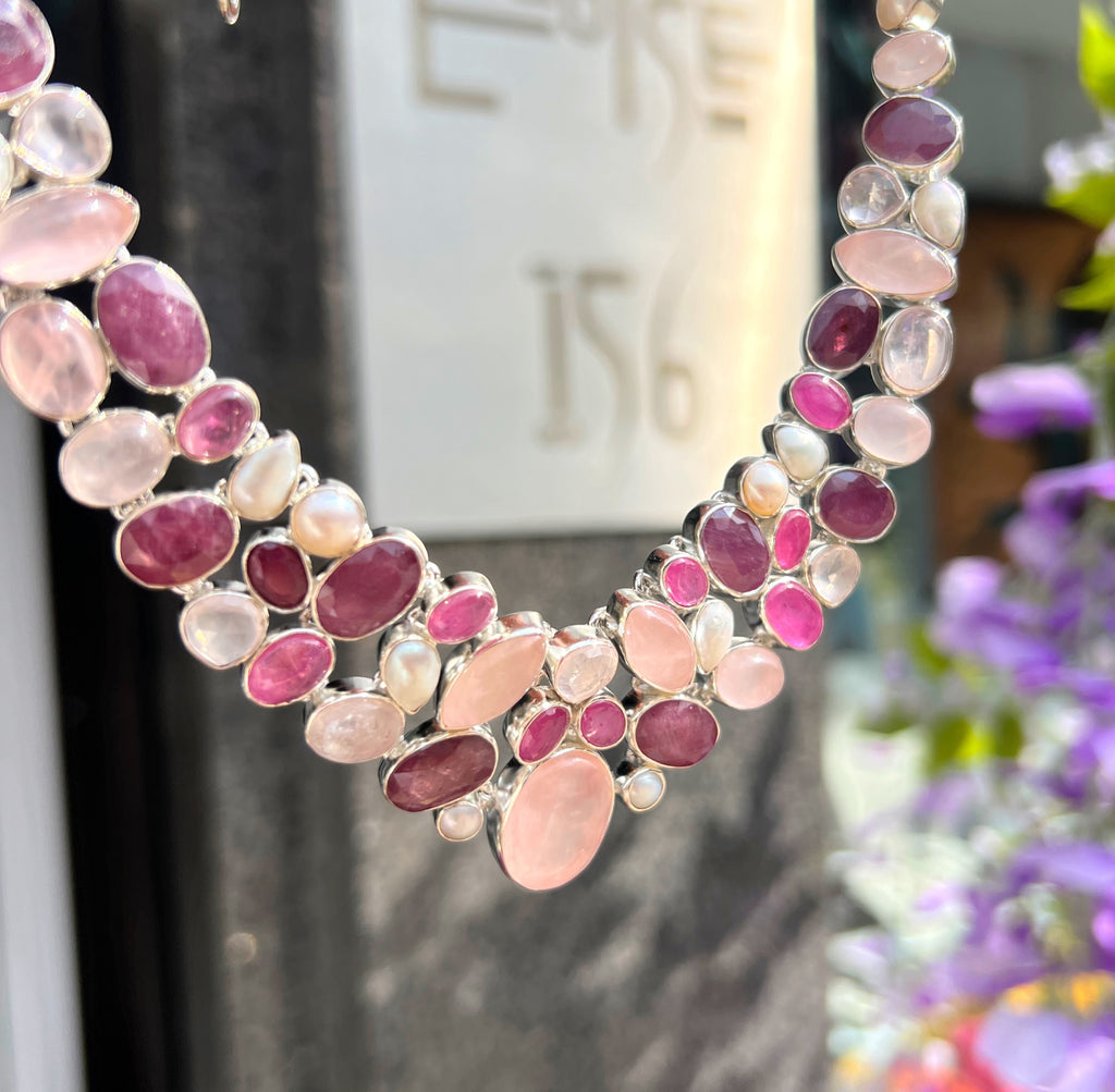 Ruby, White Pearl, Rose Quartz & Clear Quartz Sterling Silver Chunky Collar Necklace