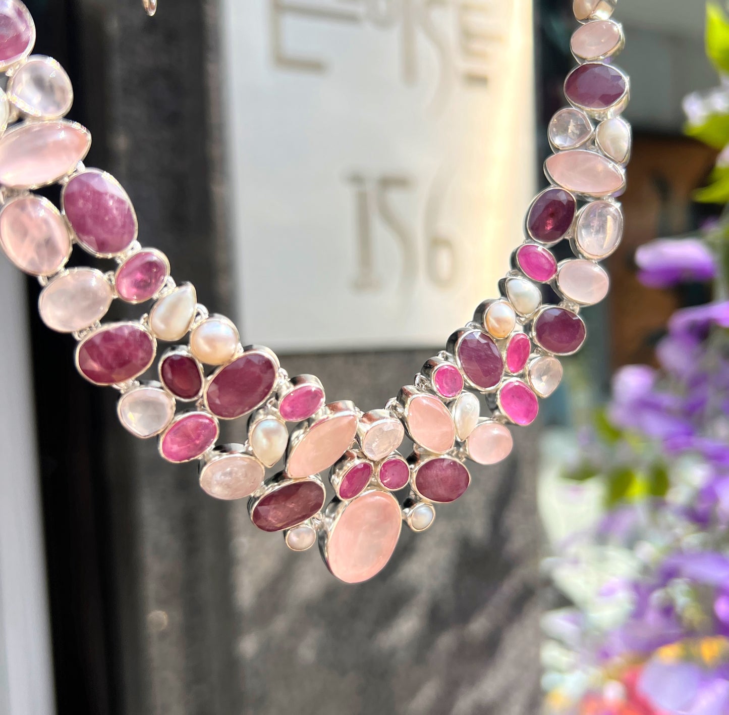 Red Ruby, White Pearl, Pink Rose Quartz & Clear Quartz Chunky Sterling Silver Statement Collar Necklace