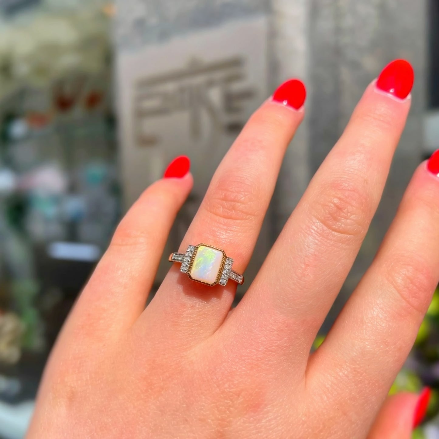 The Opalina Ring - Rectangular 9ct Yellow Gold Opal and Diamond- Size K