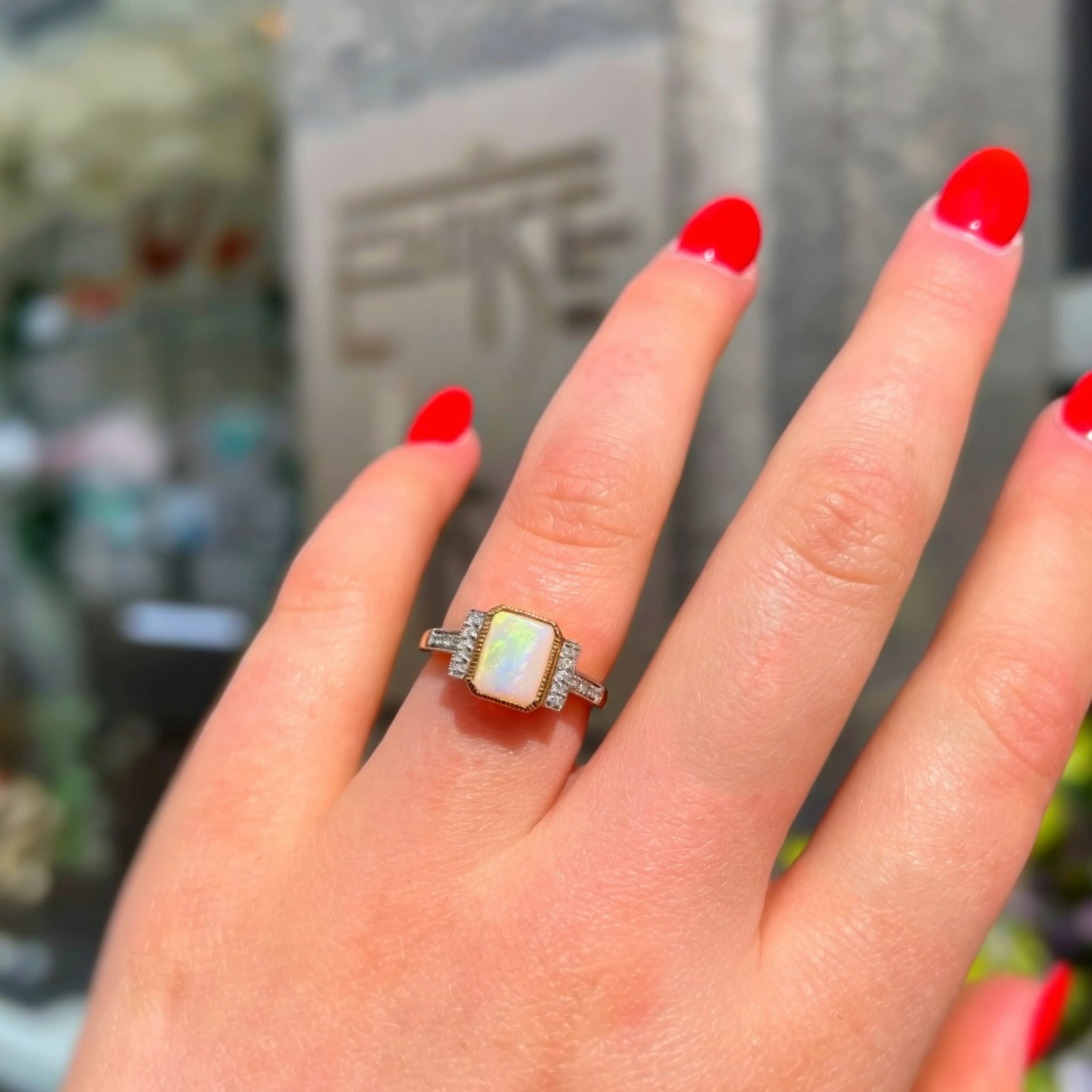 'The Opalina' Rectangular Opal and Diamond 9ct Yellow Gold Ring | Size K