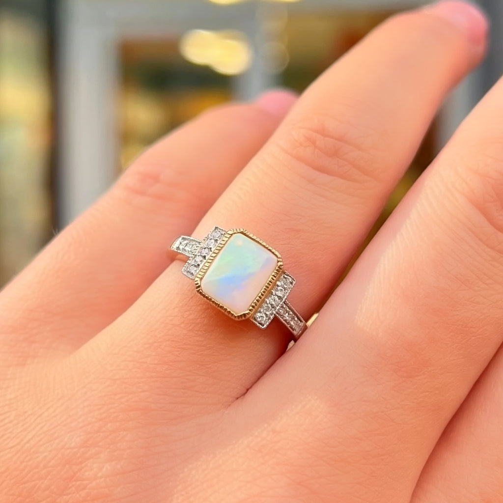 'The Opalina' Rectangular Opal and Diamond 9ct Yellow Gold Ring | Size K