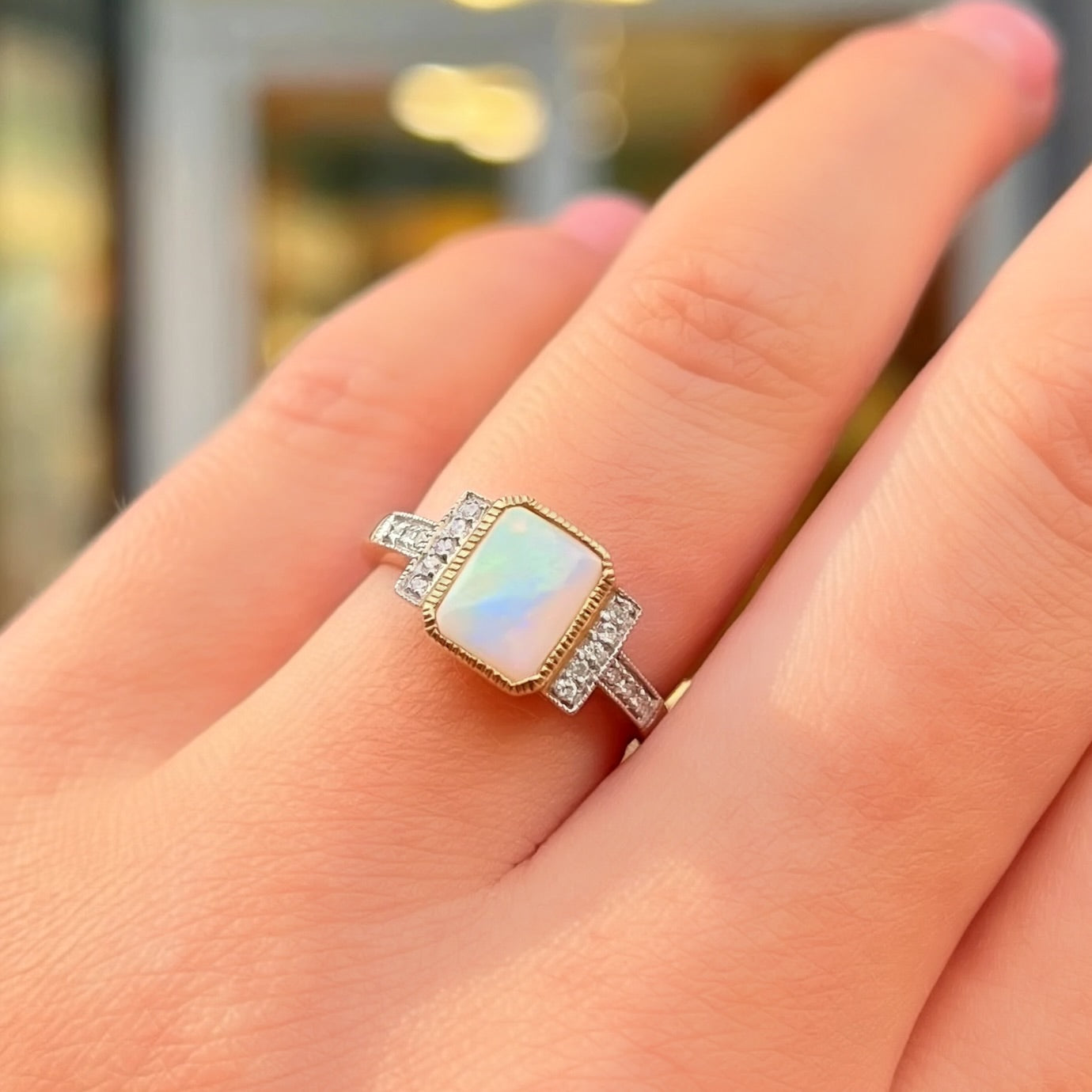 'The Opalina' Rectangular Opal and Diamond 9ct Yellow Gold Ring | Size K