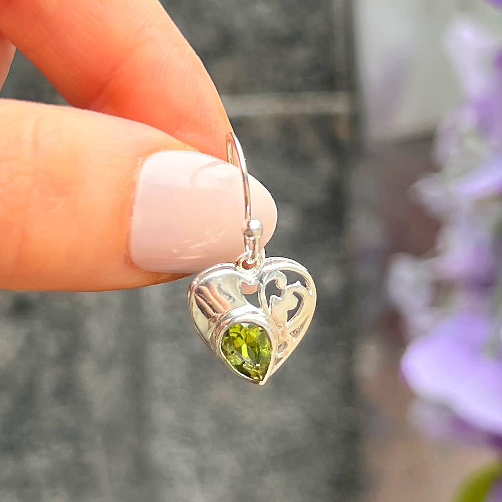 Sterling Silver Green Peridot Heart Drop Earrings