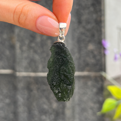 Rough Cut Green Moldavite Sterling Silver Pendant