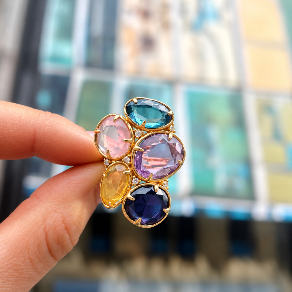 Rose Quartz, Iolite, Amethyst, Topaz, Opal and Diamond 14ct Rose Gold Chunky Ring | Peroni & Parise