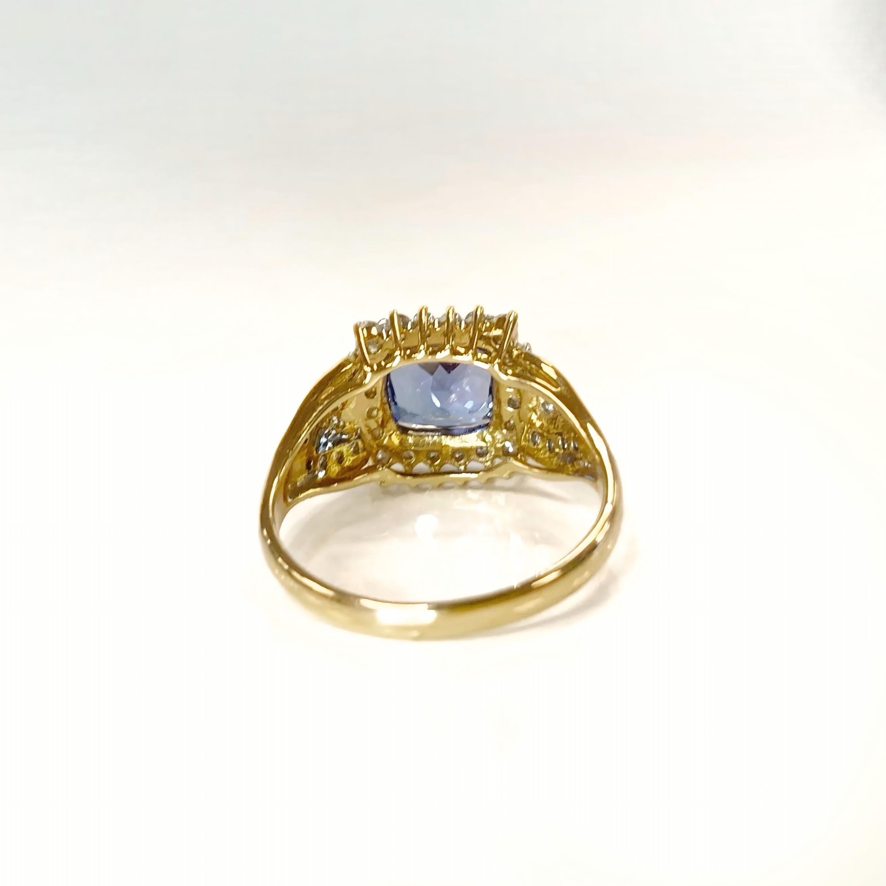 Vintage Indigo Tanzanite and Diamond 18ct Yellow Gold Cluster Chunky Ring | Size N