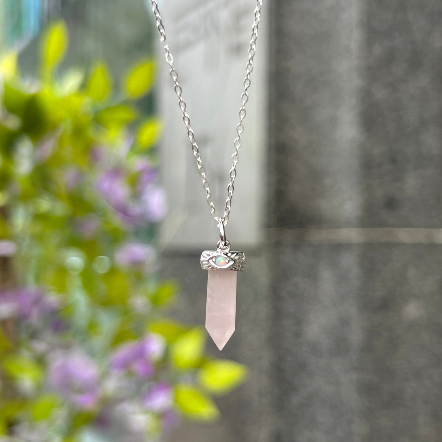 Sterling Silver Pink Rose Quartz Point with Opal Eye Necklace