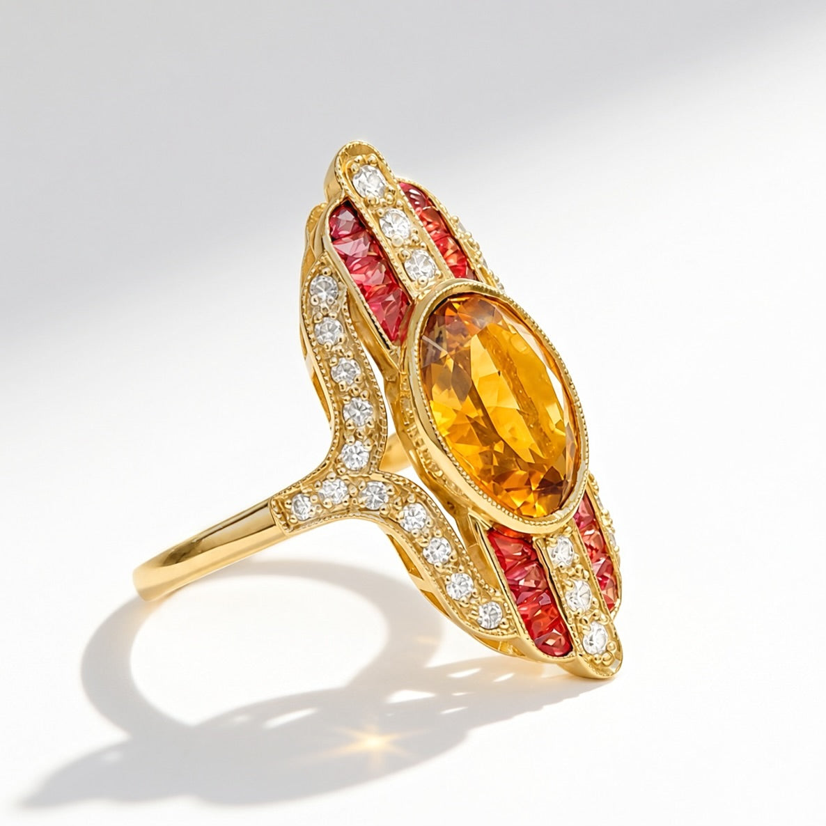 'The Soleil' Citrine, Orange Sapphire and Diamond 18ct Yellow Gold Cocktail Ring | Size M ½