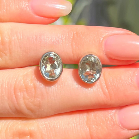 Sage Green Amethyst Sterling Silver Oval Stud Earrings