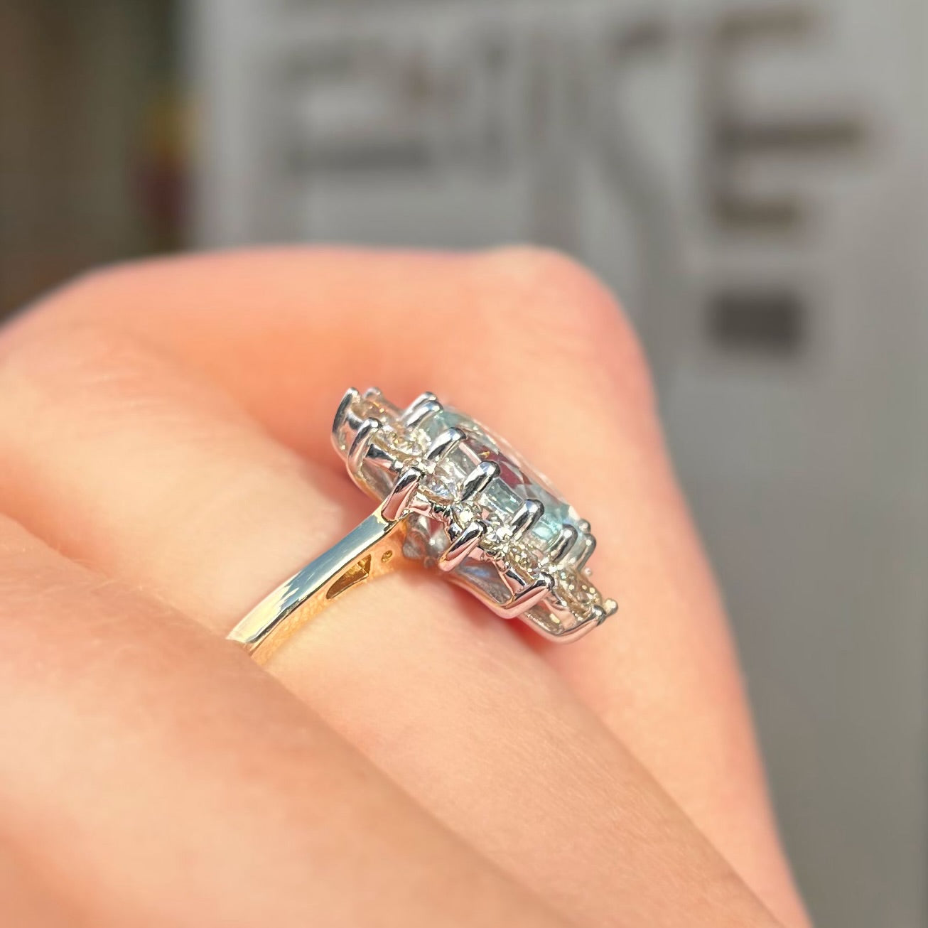 Aquamarine and Diamond Classic Cluster 14ct Yellow Gold Ring | Size N ½