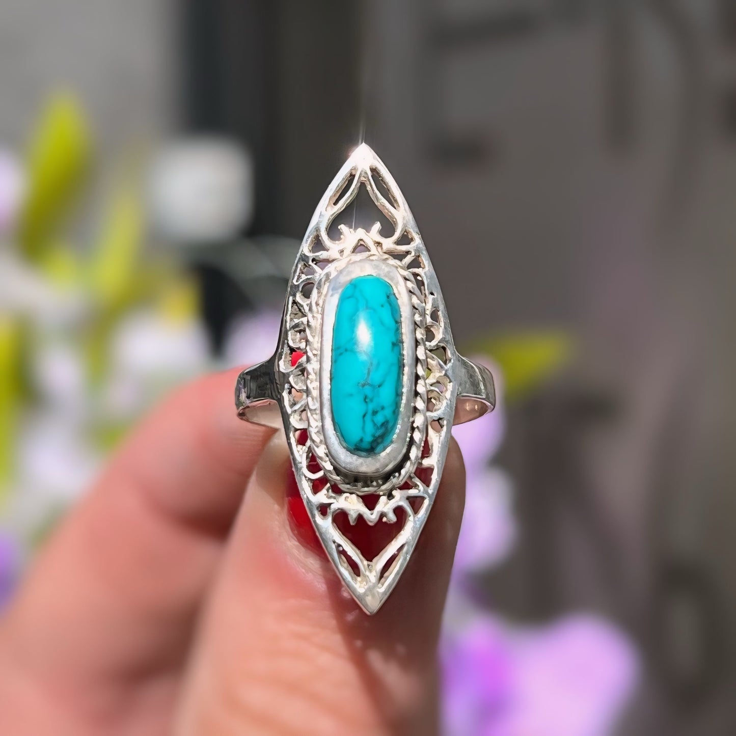 Elongated Sterling Silver Turquoise Filigree Ring - Size M1/2