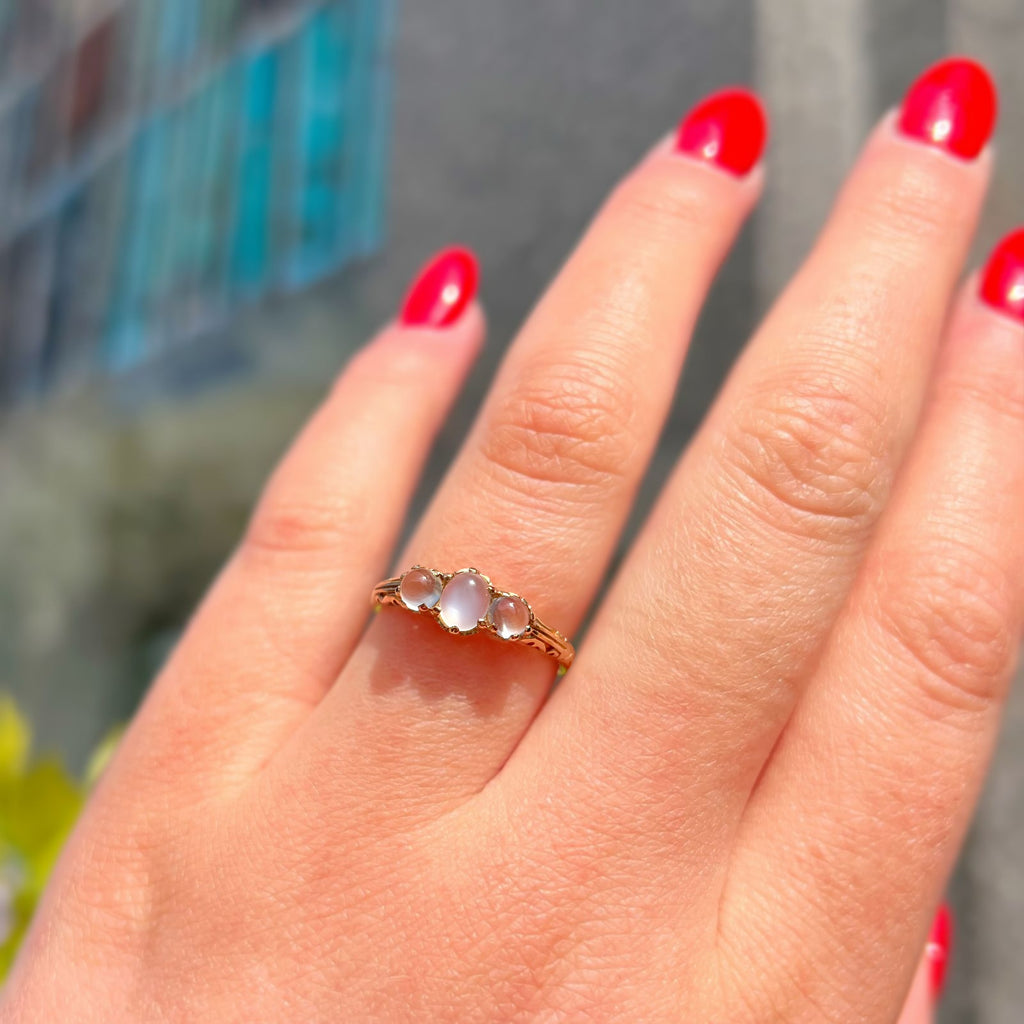 Antique Inspired Moonstone Dainty 9ct Yellow Gold Trilogy Ring | Size M
