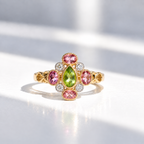 Peridot, Pink Tourmaline and Diamond 9ct Yellow Gold Victorian Reproduction Ring | Size N ½
