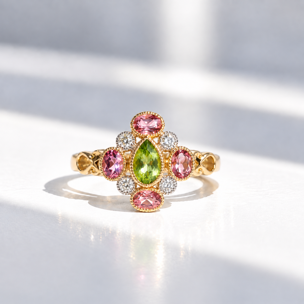 Peridot, Pink Tourmaline and Diamond 9ct Yellow Gold Victorian Reproduction Ring | Size N ½