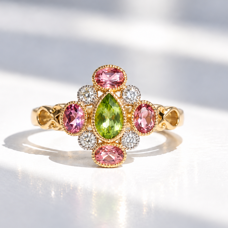 Peridot, Pink Tourmaline and Diamond 9ct Yellow Gold Victorian Reproduction Ring | Size N ½