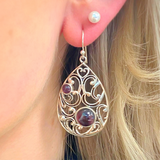 Sterling Silver Red Garnet Organic Style Drop Earrings