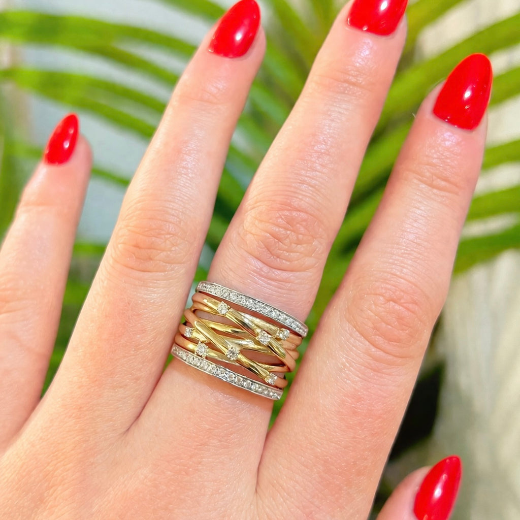 Two-Tone Wide Diamond 9ct Gold Band Ring | Size O