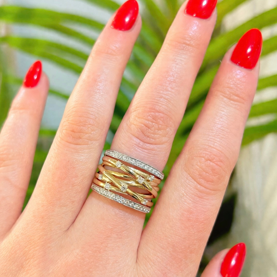 Unusual 9ct Gold Two Tone Wide Diamond Band Ring - Size O