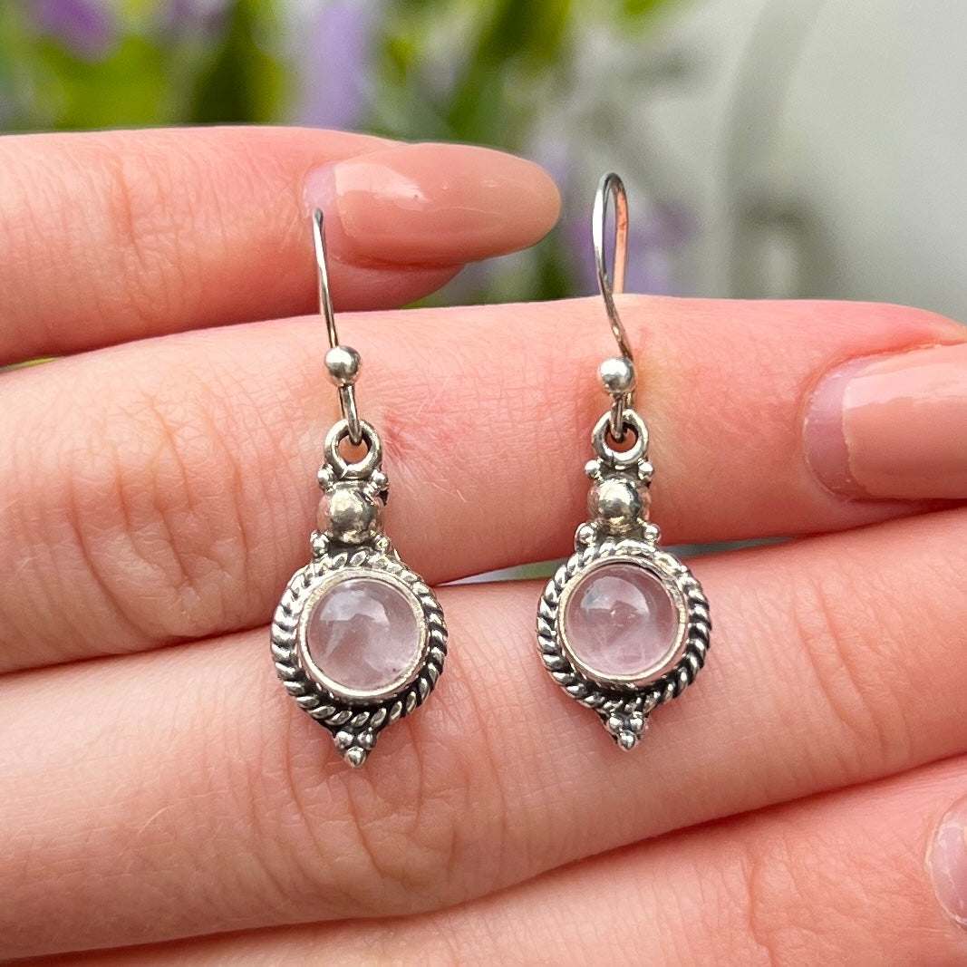 Sterling Silver Boho Pink Rose Quartz Drop Earrings