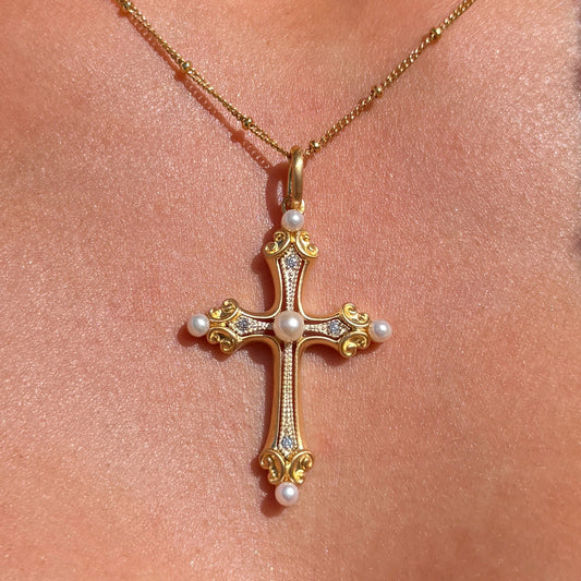 9ct Gold Plated Freshwater Pearl & Cubic Zirconia Cross Necklace