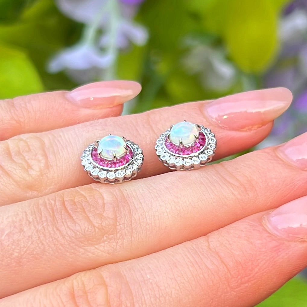 Ruby, Diamond & Opal 18ct White Gold Halo Stud Earrings