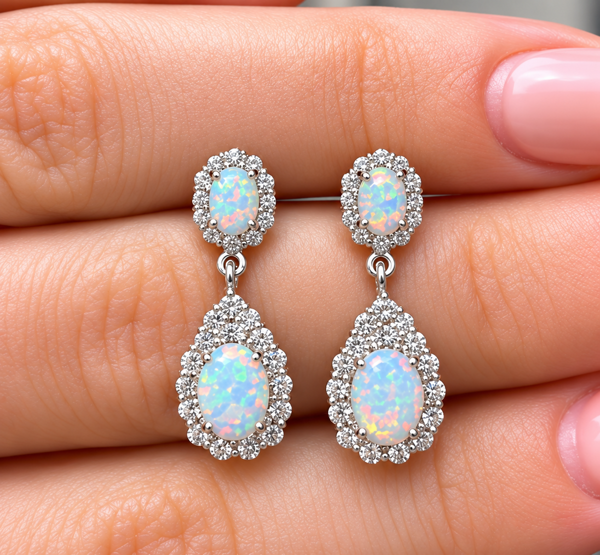 Opal & Cubic Zirconia Sterling Silver Teardrop Earrings