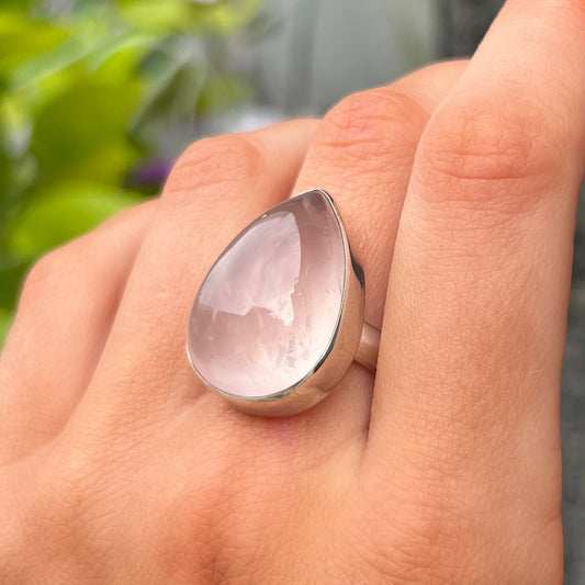 Chunky Sterling Silver Pear Cut Cabochon Pink Rose Quartz Ring - Size P