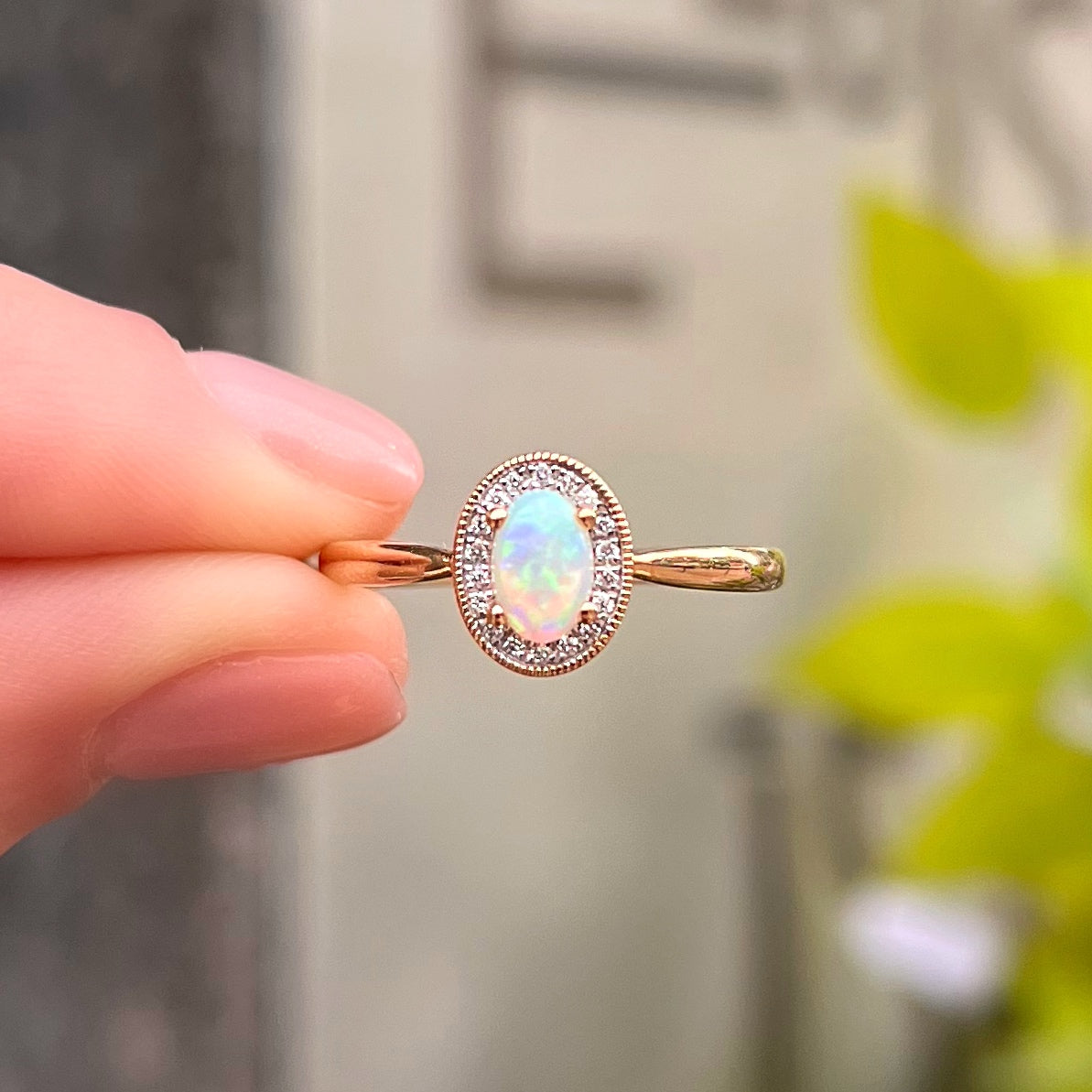 Sweet Feminine 9ct Yellow Gold Oval Opal and Diamond Halo Ring - Size O