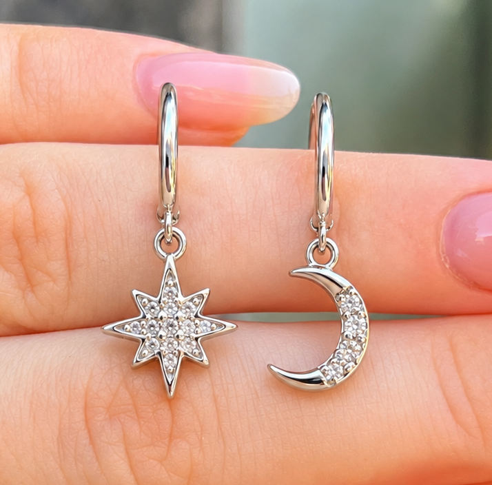 Cubic Zirconia Sterling Silver Moon & Stars Drop Earrings