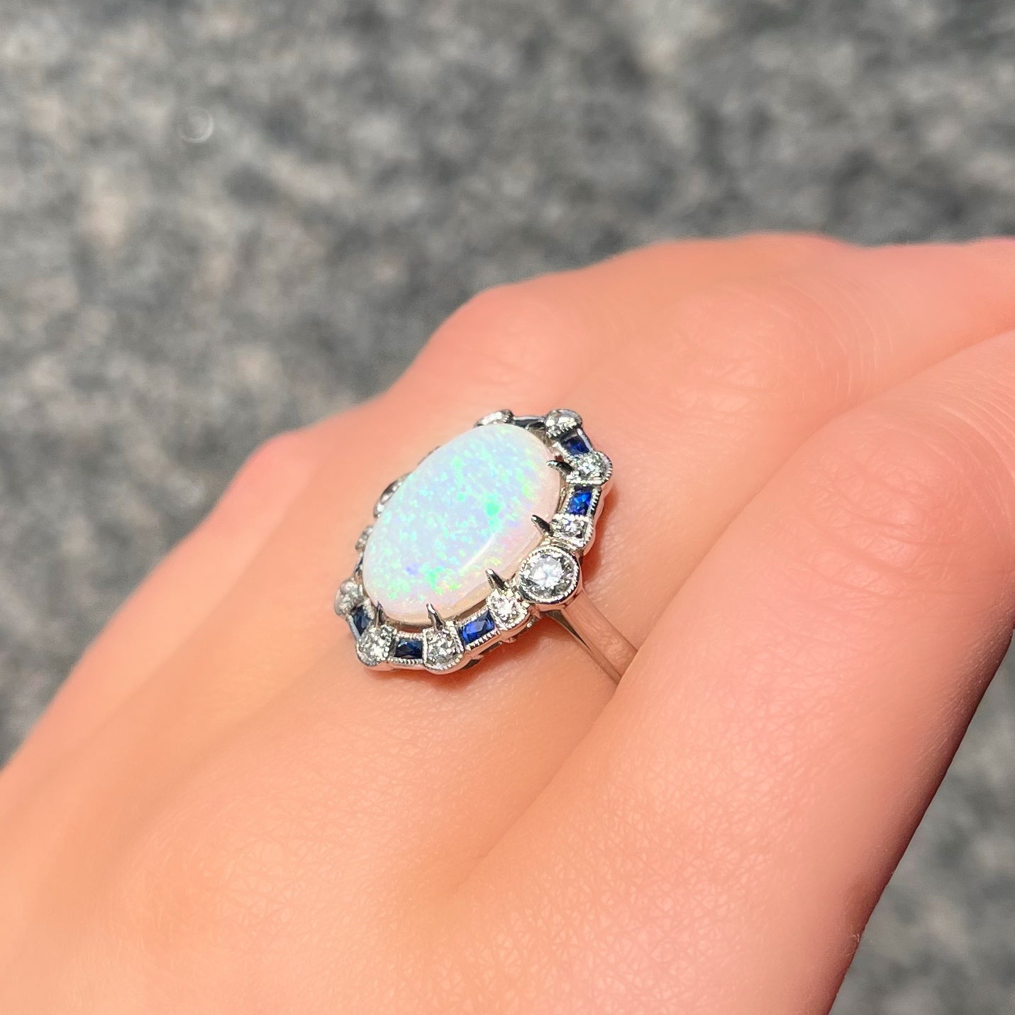 Platinum Opal, Sapphire and Diamond Art Deco Reproduction Ring - Size N ½