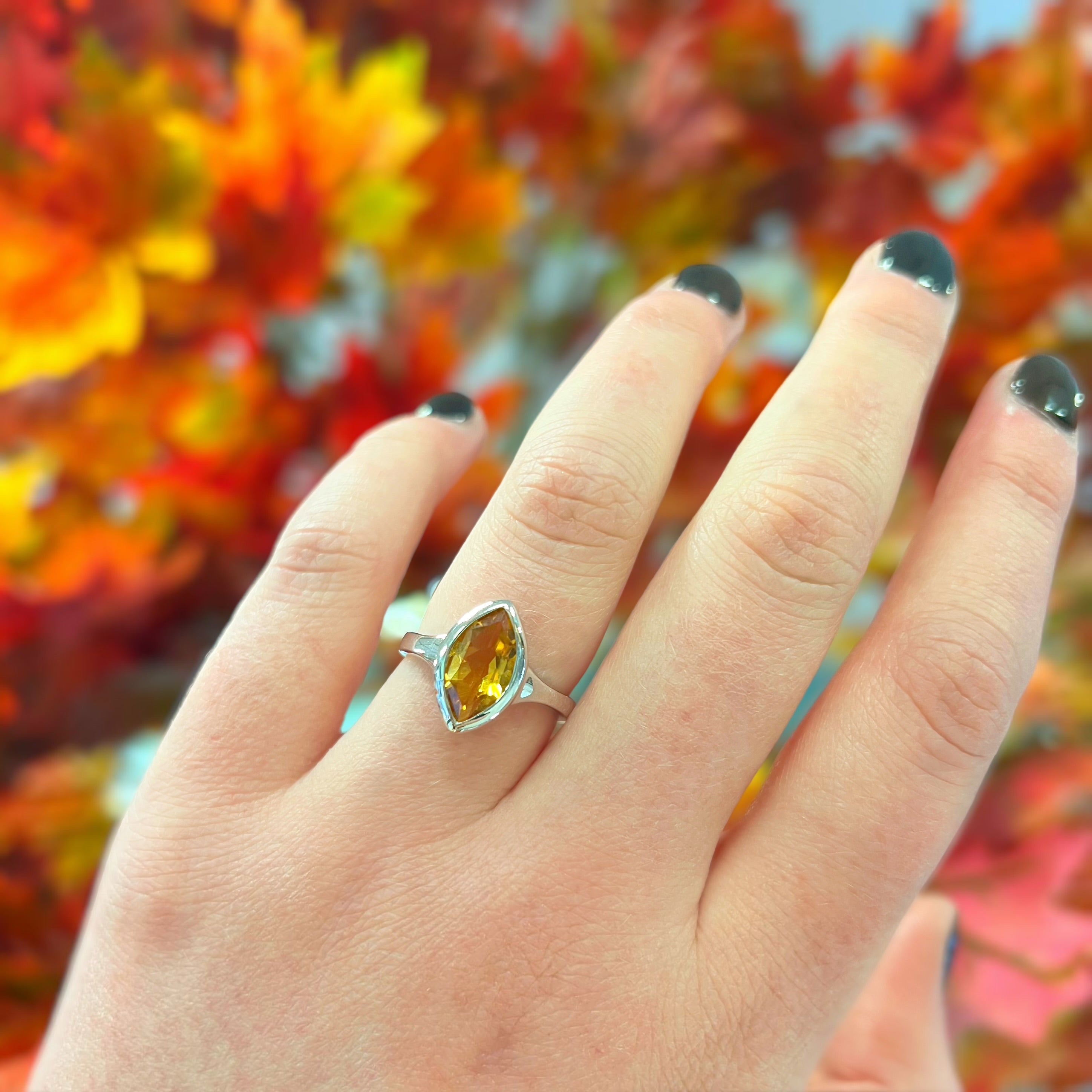 Bezel-Set Marquise-Shaped Madeira Citrine Sterling Silver Ring | Size M ½