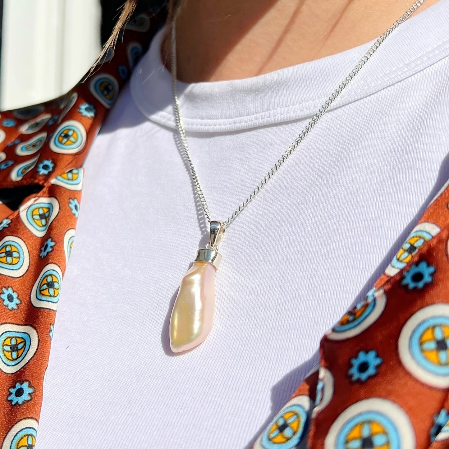 Unusual Sterling Silver Irregular Shaped Pearl Drop Pendant