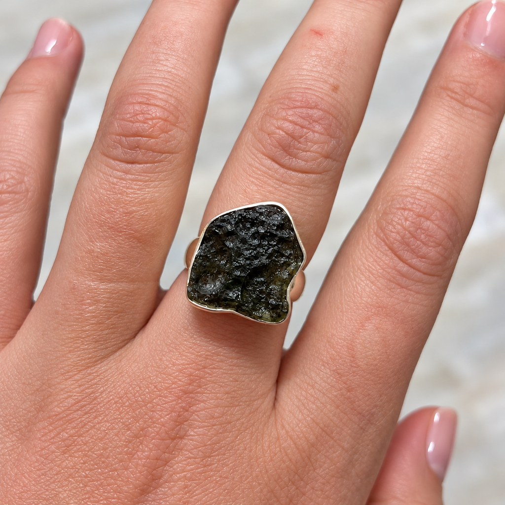 Rough Cut Green Moldavite Sterling Silver Ring | Size P
