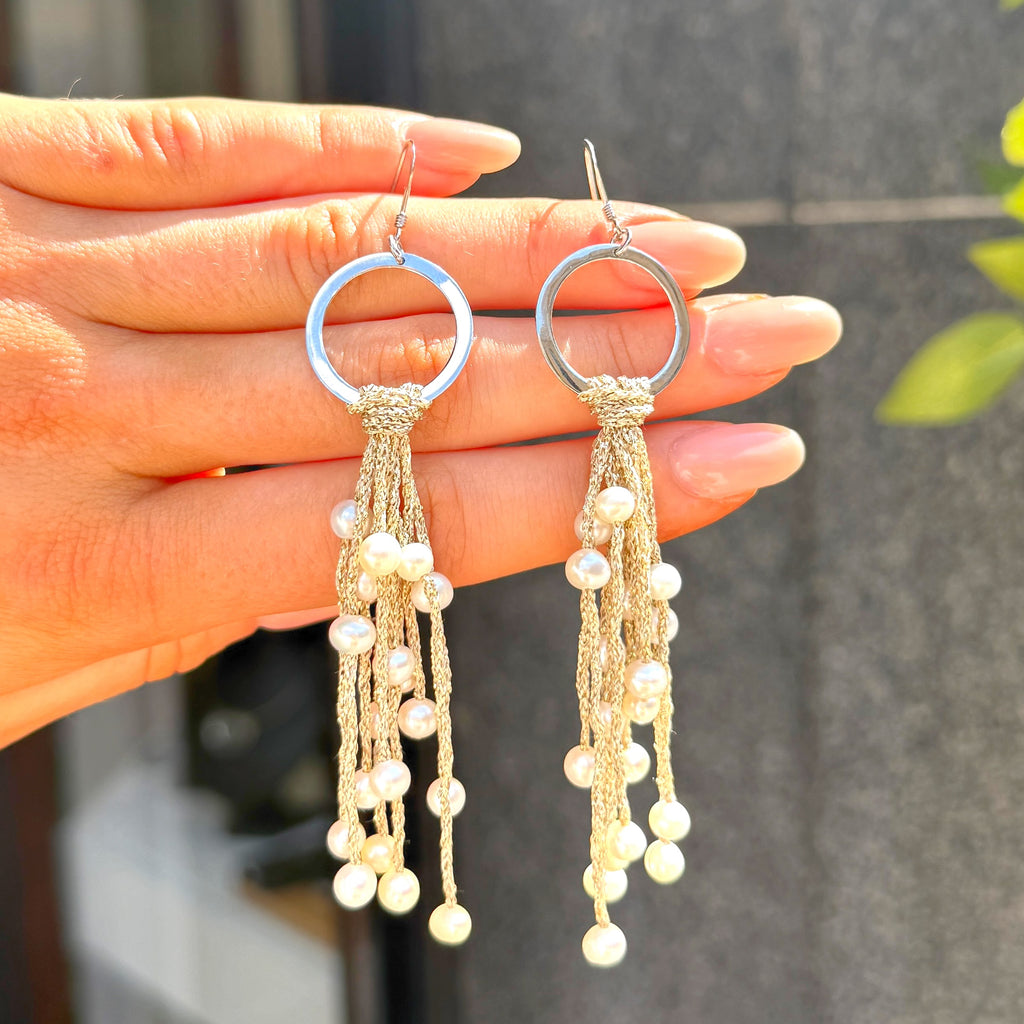 Gold Thread Freshwater Pearl Sterling Silver Tassel Drop Earrings