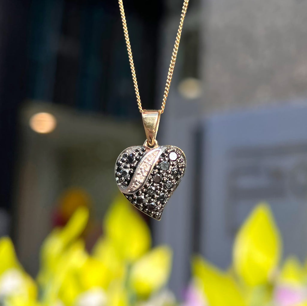 Vintage Black Diamond 9ct Yellow Gold Witch's Heart Necklace