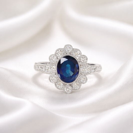 Elegant Art Deco Reproduction 18ct White Gold Sapphire and Diamond Ring - Size O
