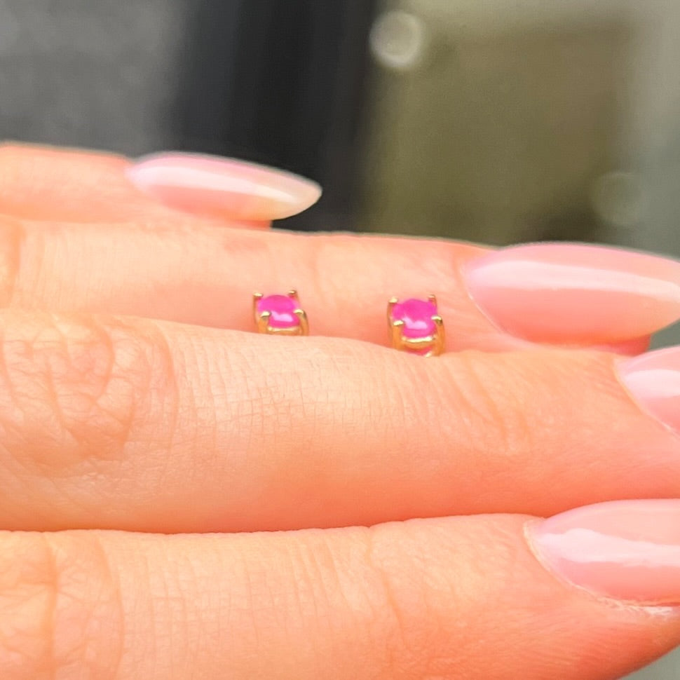 Pink Ruby Oval Cut 9ct Yellow Gold Dainty Stud Earrings