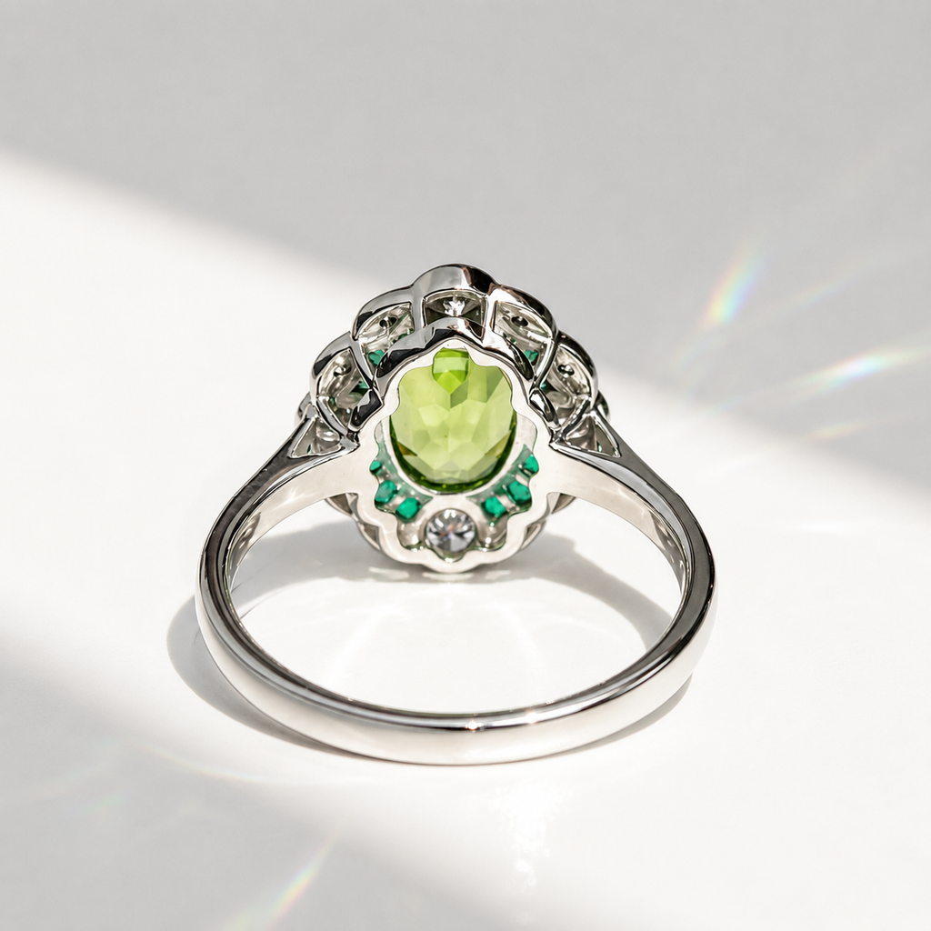 Art Deco Reproduction Peridot, Emerald and Diamond 9ct White Gold Ring | Size M ½