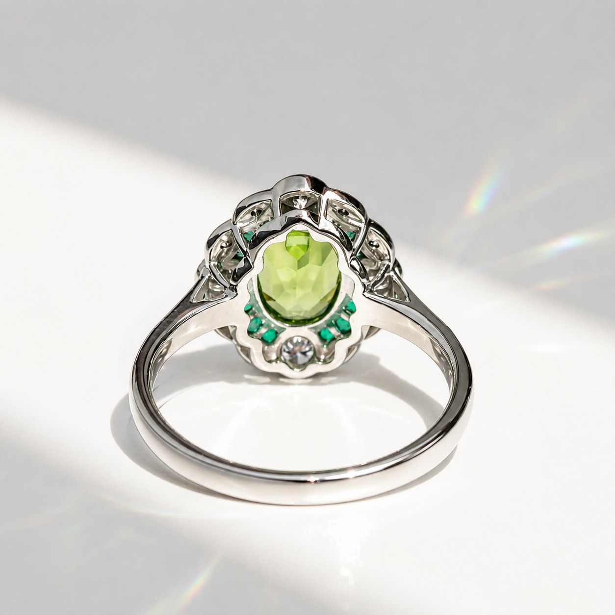 Art Deco Reproduction Peridot, Emerald and Diamond 9ct White Gold Ring | Size M ½