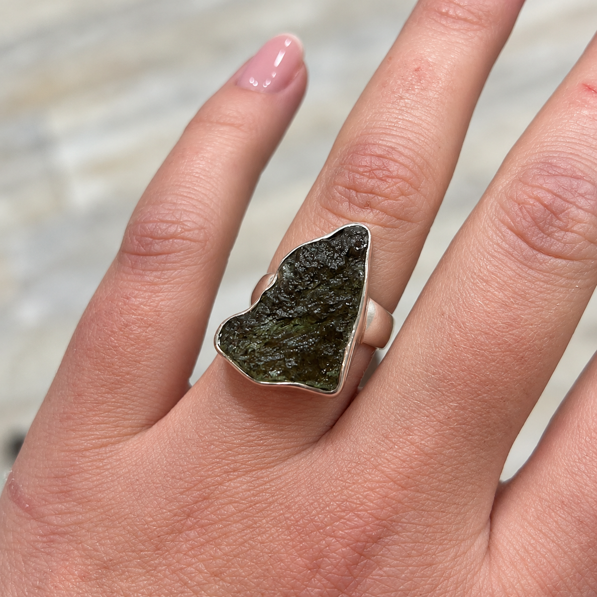 Rough Cut Green Moldavite Sterling Silver Ring | Size M