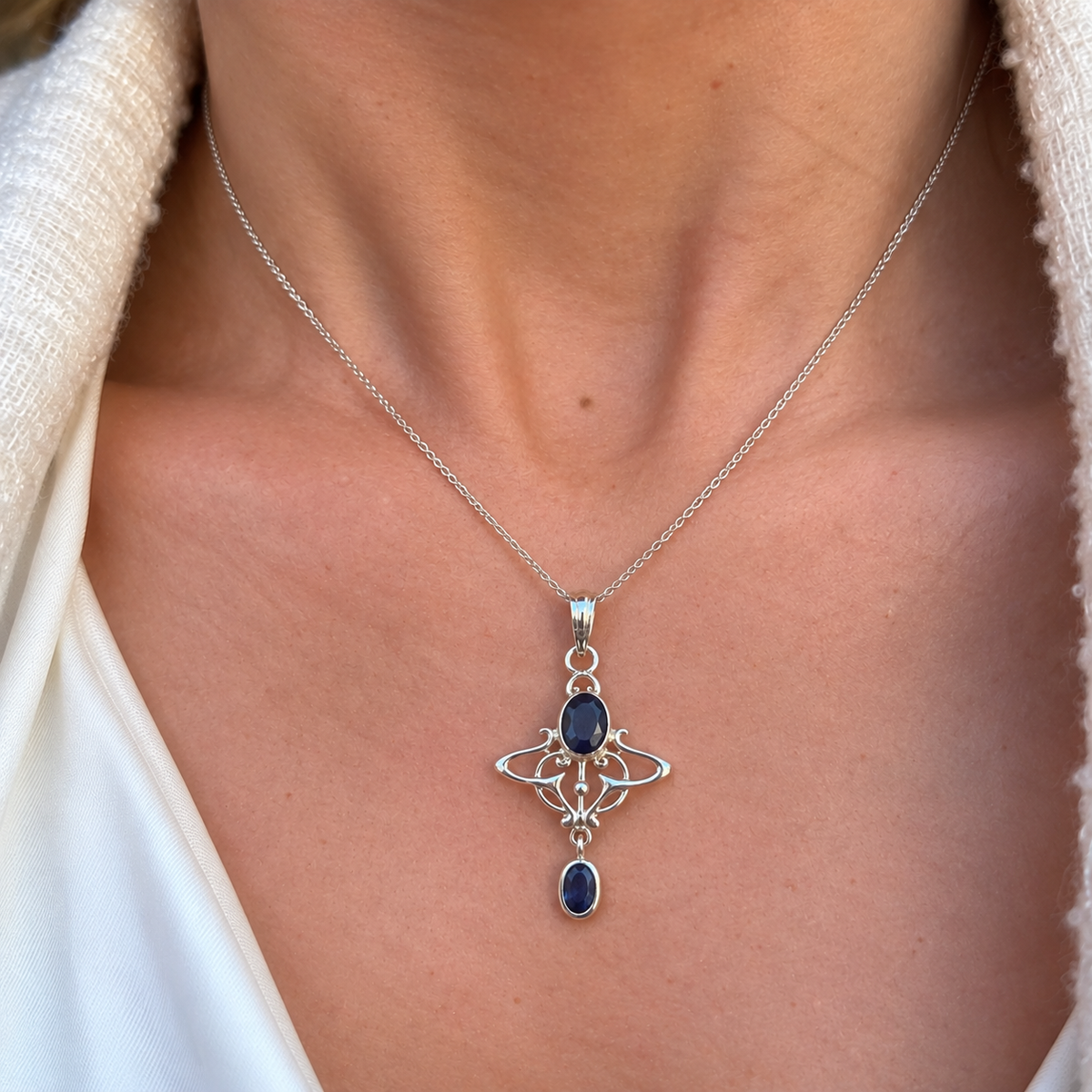 Blue Sapphire Sterling Silver Art Nouveau Pendant & Chain