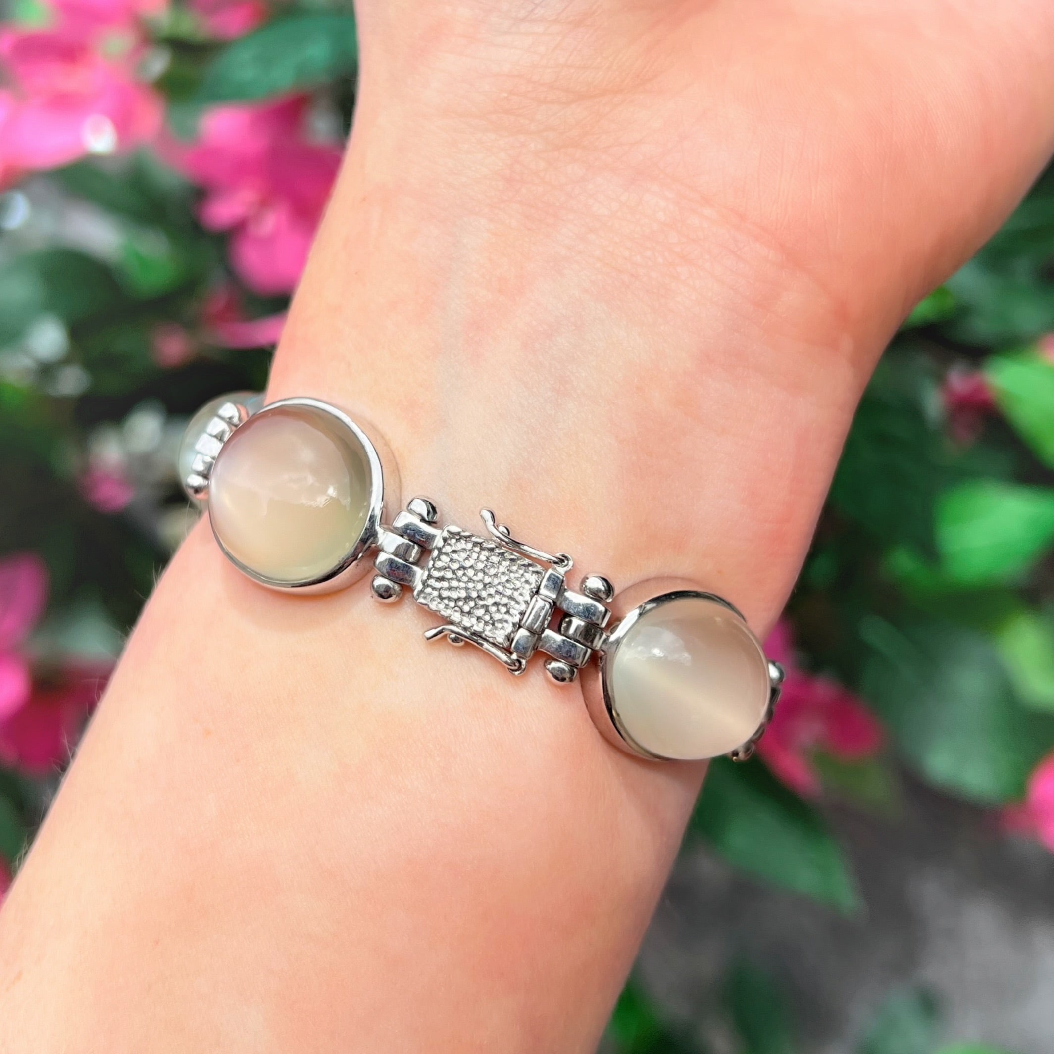 True Moonstone Graduated Five Stone Sterling Silver Chunky Bracelet