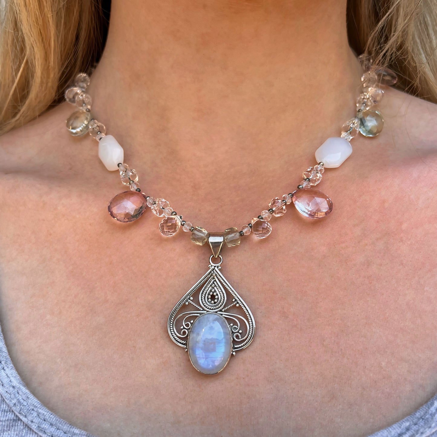 One-of-a-kind Sterling Silver Rainbow Moonstone and Pastel Chunky Gemstone Necklace