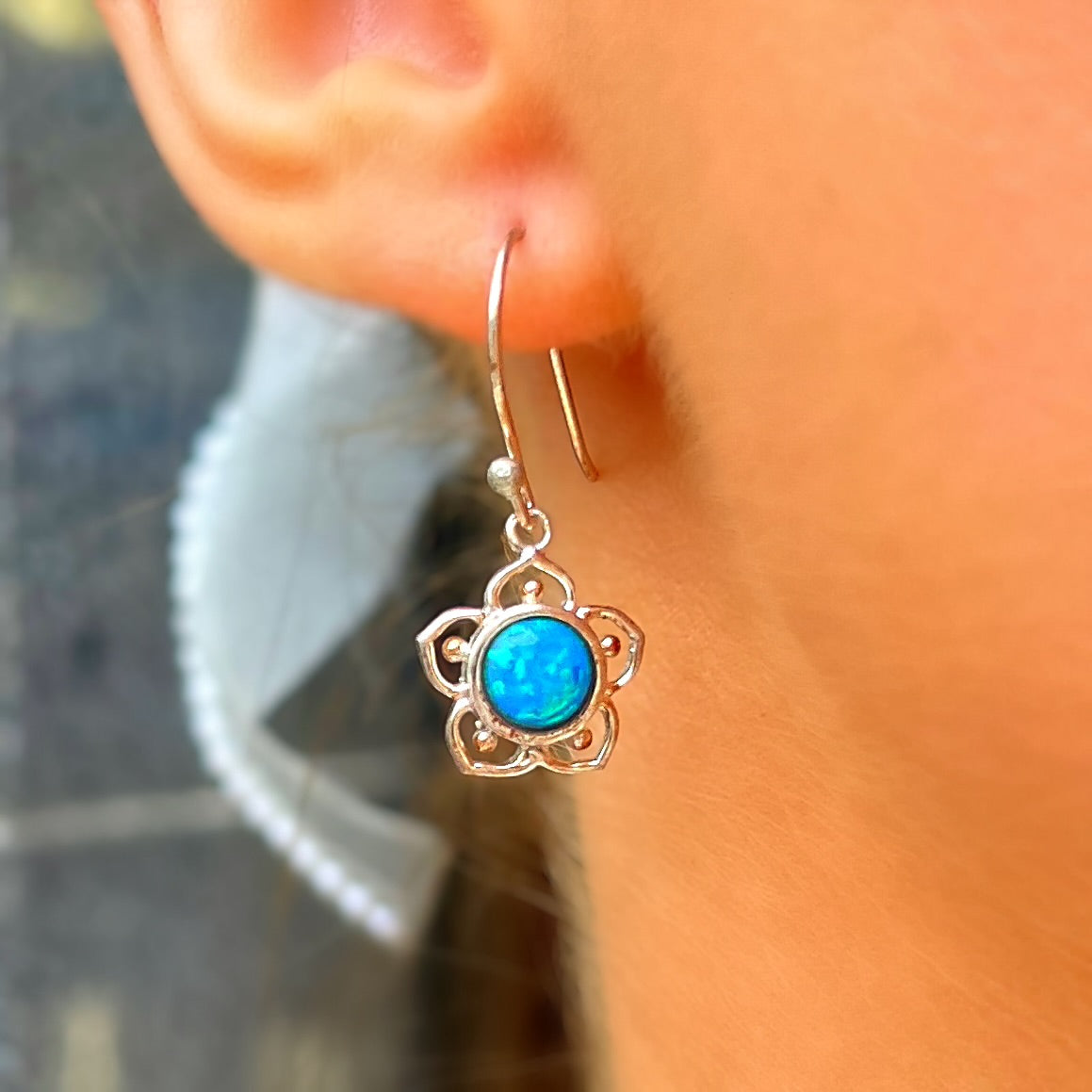 Sterling Silver Blue Opal Flower Design Drop Earrings